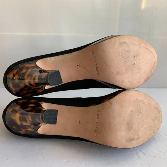 Martinez Valero Black Suede Leopard Print Platform Peep Toe Heels - Sz. 11m - Picture 6 of 7